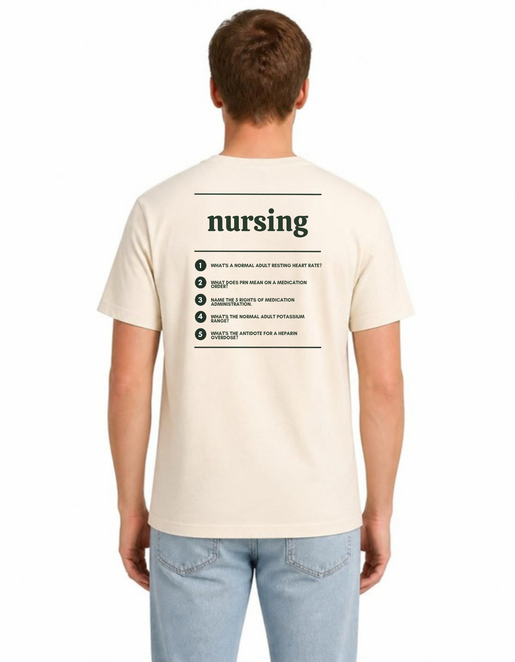 Model wearing the Voodies Nursing major T-shirt in Natural, back view showing the five Nursing questions