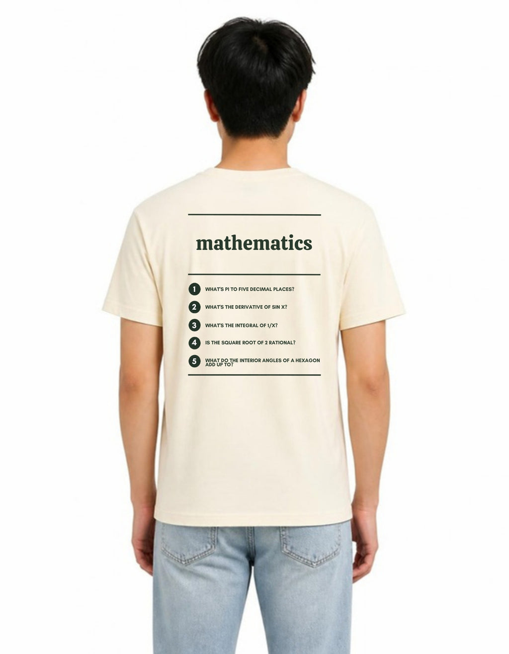 Model wearing the Voodies Mathematics major T-shirt in Natural, back view