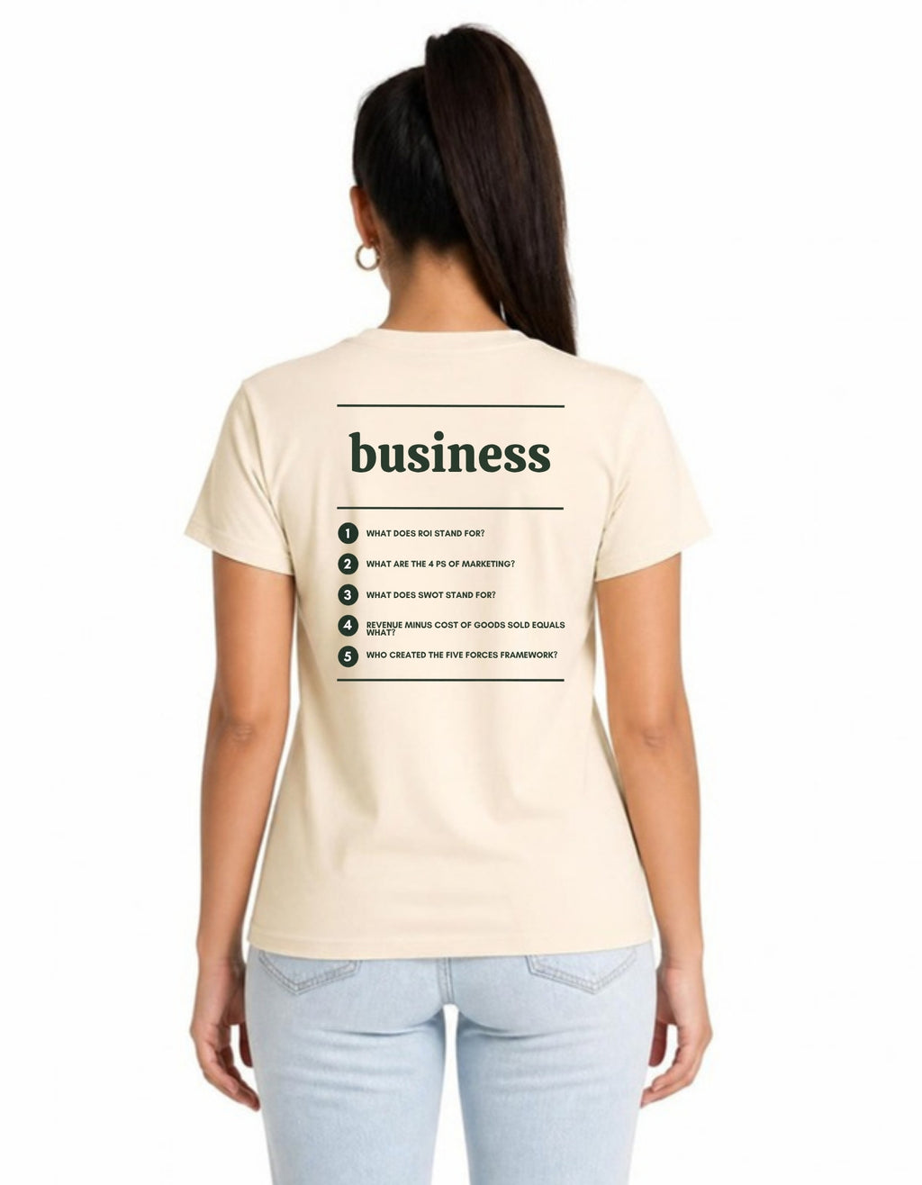 Model wearing the Voodies Business major T-shirt in Natural, back view showing the five Business questions
