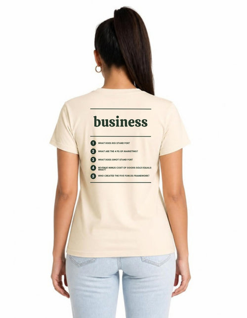 Model wearing the Voodies Business major T-shirt in Natural, back view