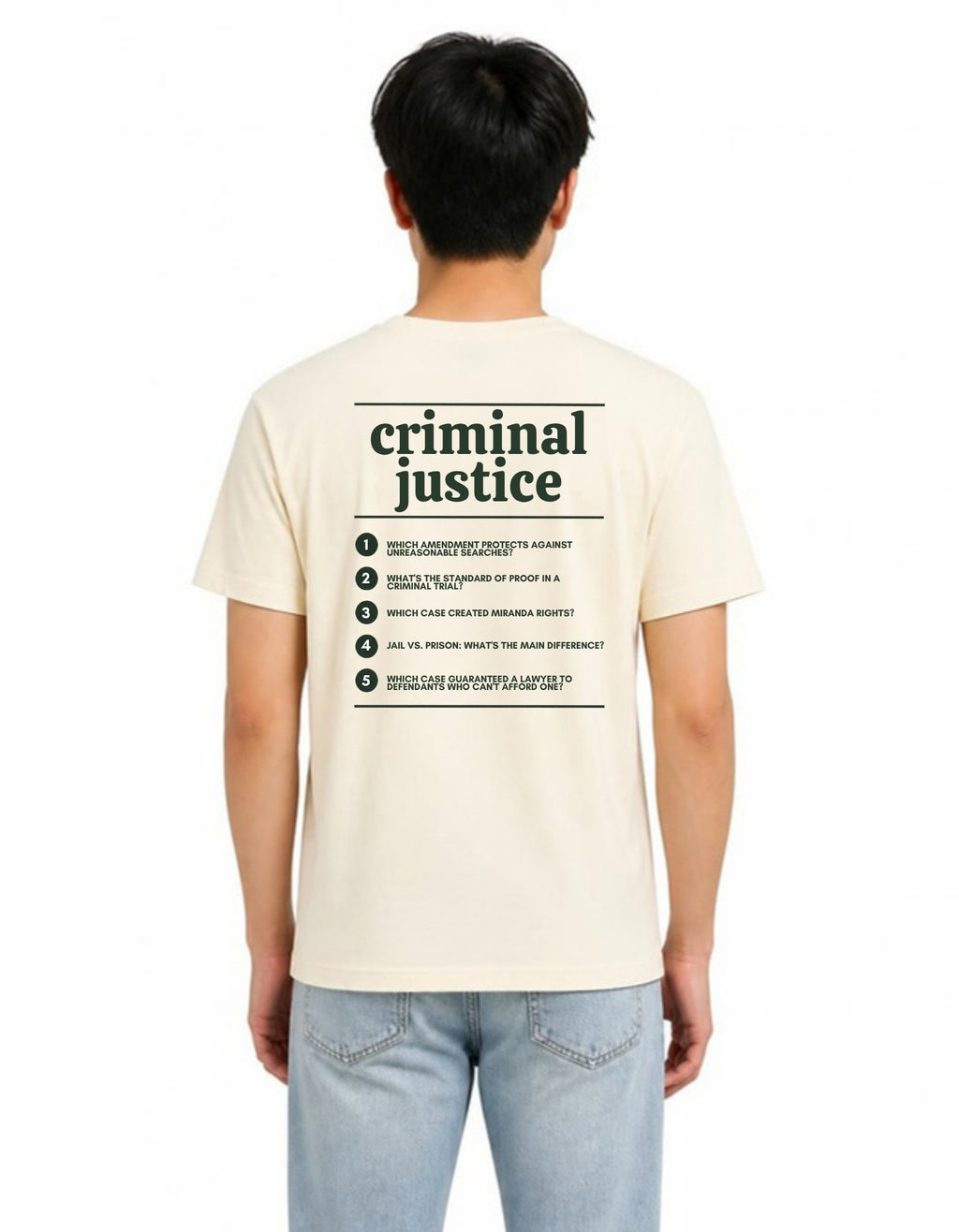 Model wearing the Voodies Criminal Justice major T-shirt in Natural, back view