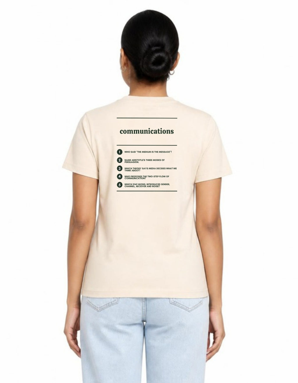 Model wearing the Voodies Communications major T-shirt in Natural, back view