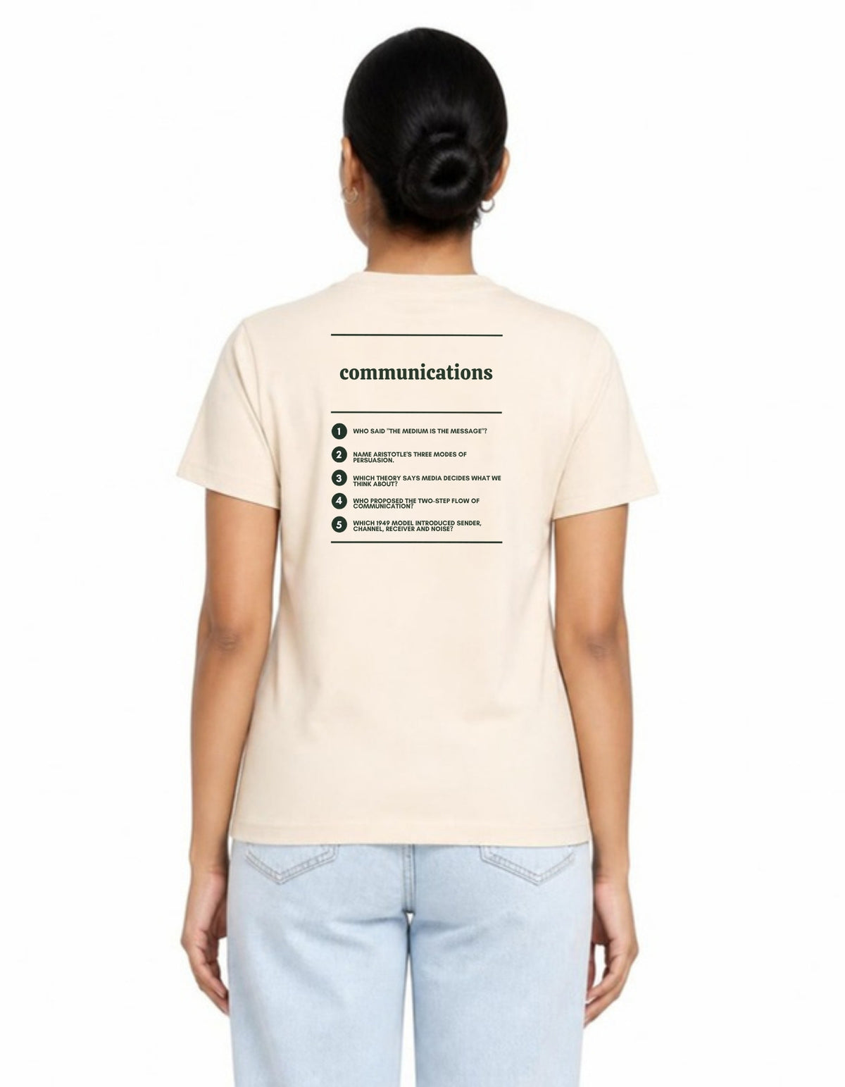 Model wearing the Voodies Communications major T-shirt in Natural, back view