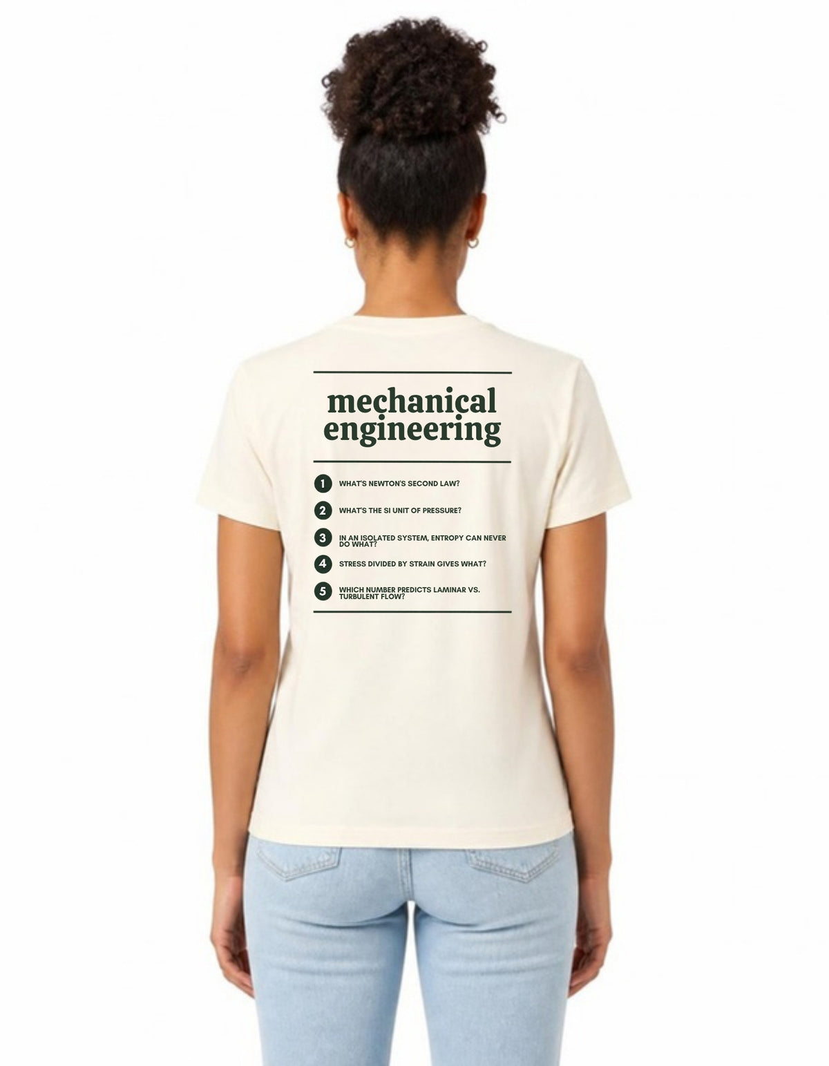Model wearing the Voodies Mechanical Engineering major T-shirt in Natural, back view
