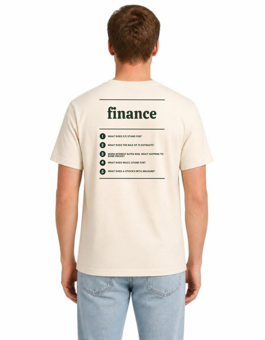 Model wearing the Voodies Finance major T-shirt in Natural, back view