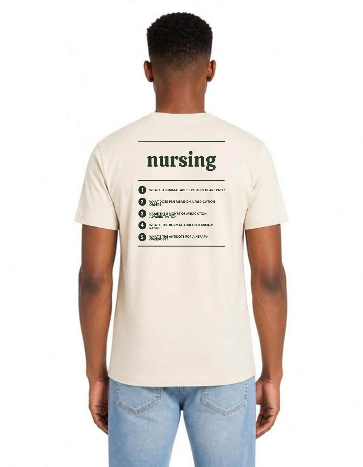 Model wearing the Voodies Nursing major T-shirt in Natural, back view
