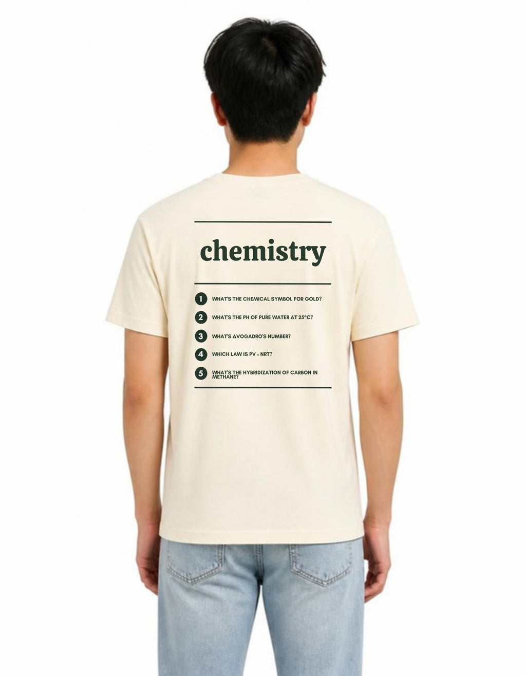 Model wearing the Voodies Chemistry major T-shirt in Natural, back view