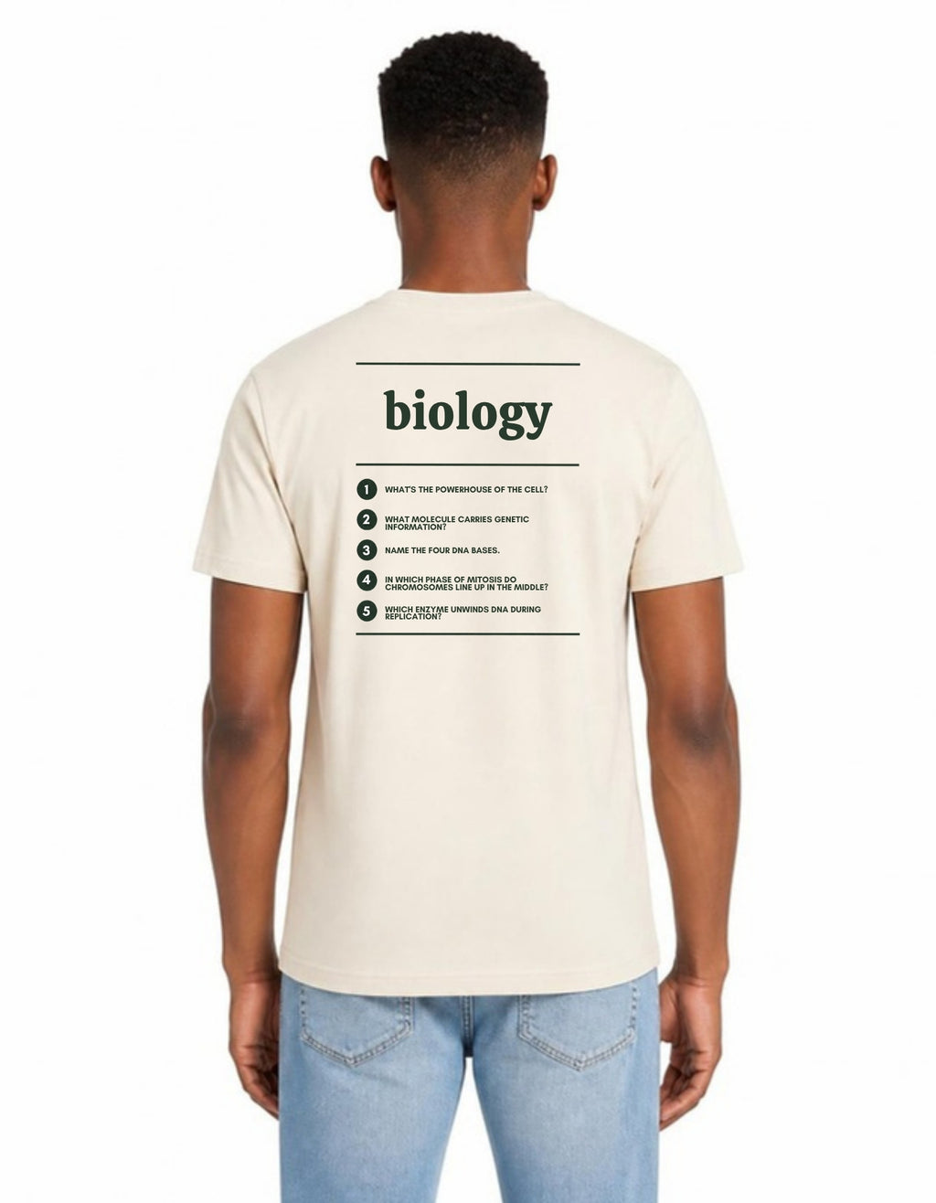 Model wearing the Voodies Biology major T-shirt in Natural, back view
