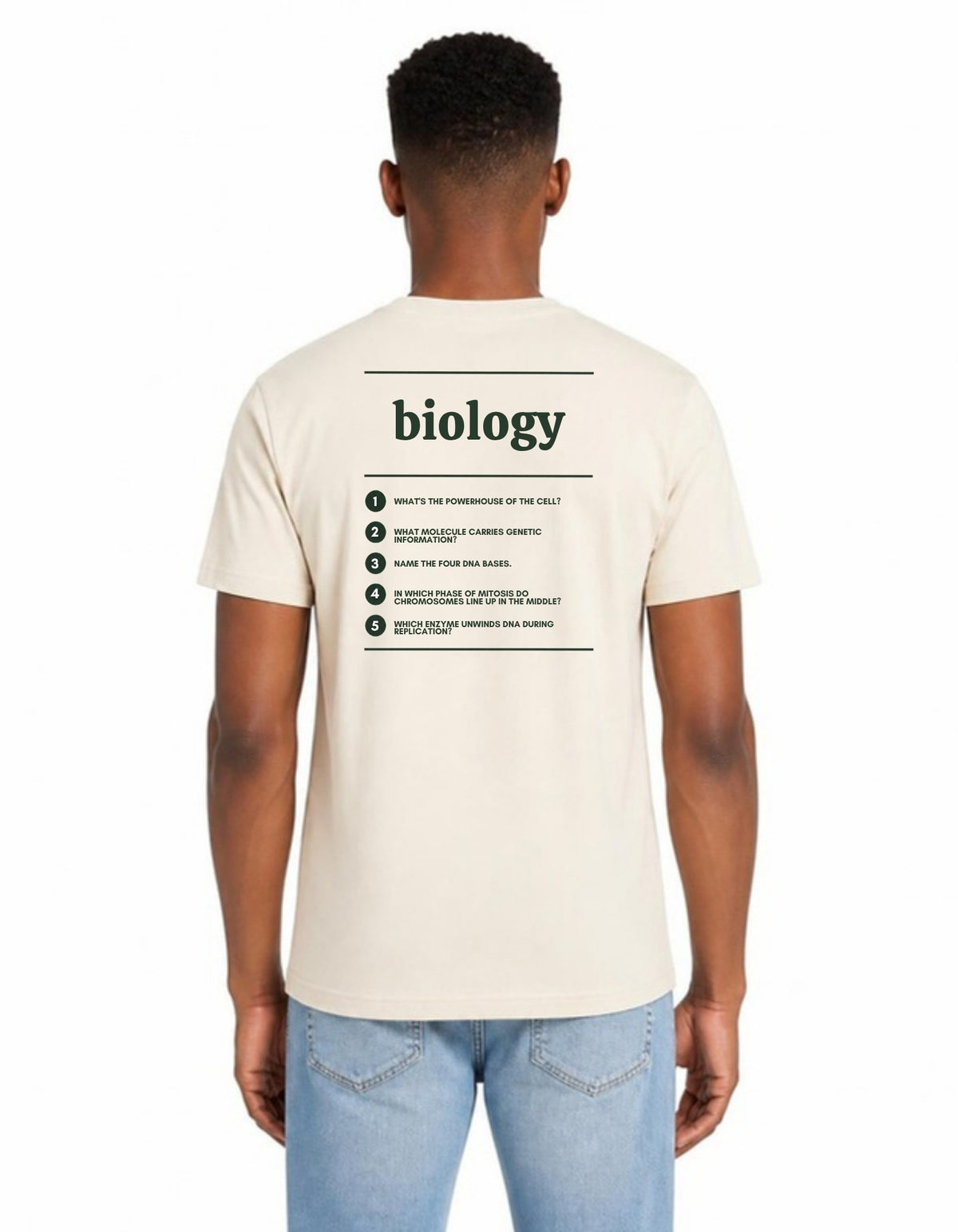 Model wearing the Voodies Biology major T-shirt in Natural, back view