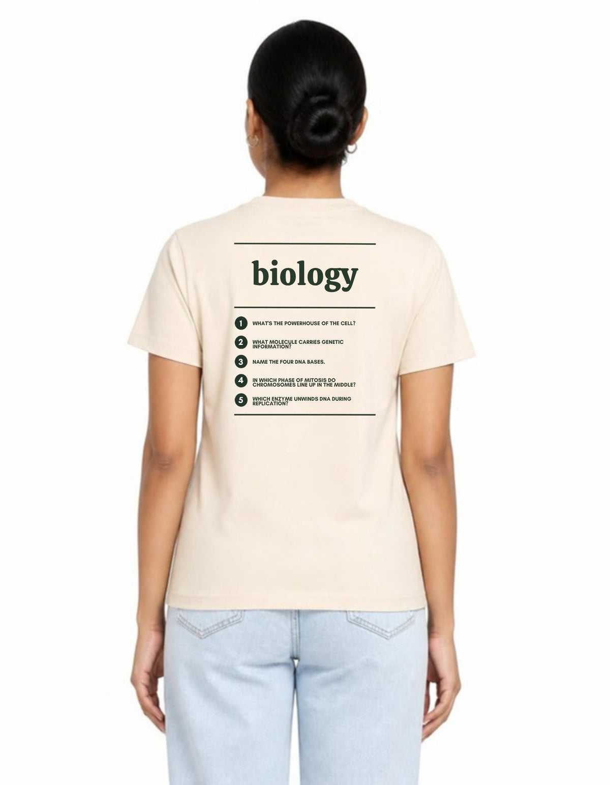 Model wearing the Voodies Biology major T-shirt in Natural, back view showing the five Biology questions