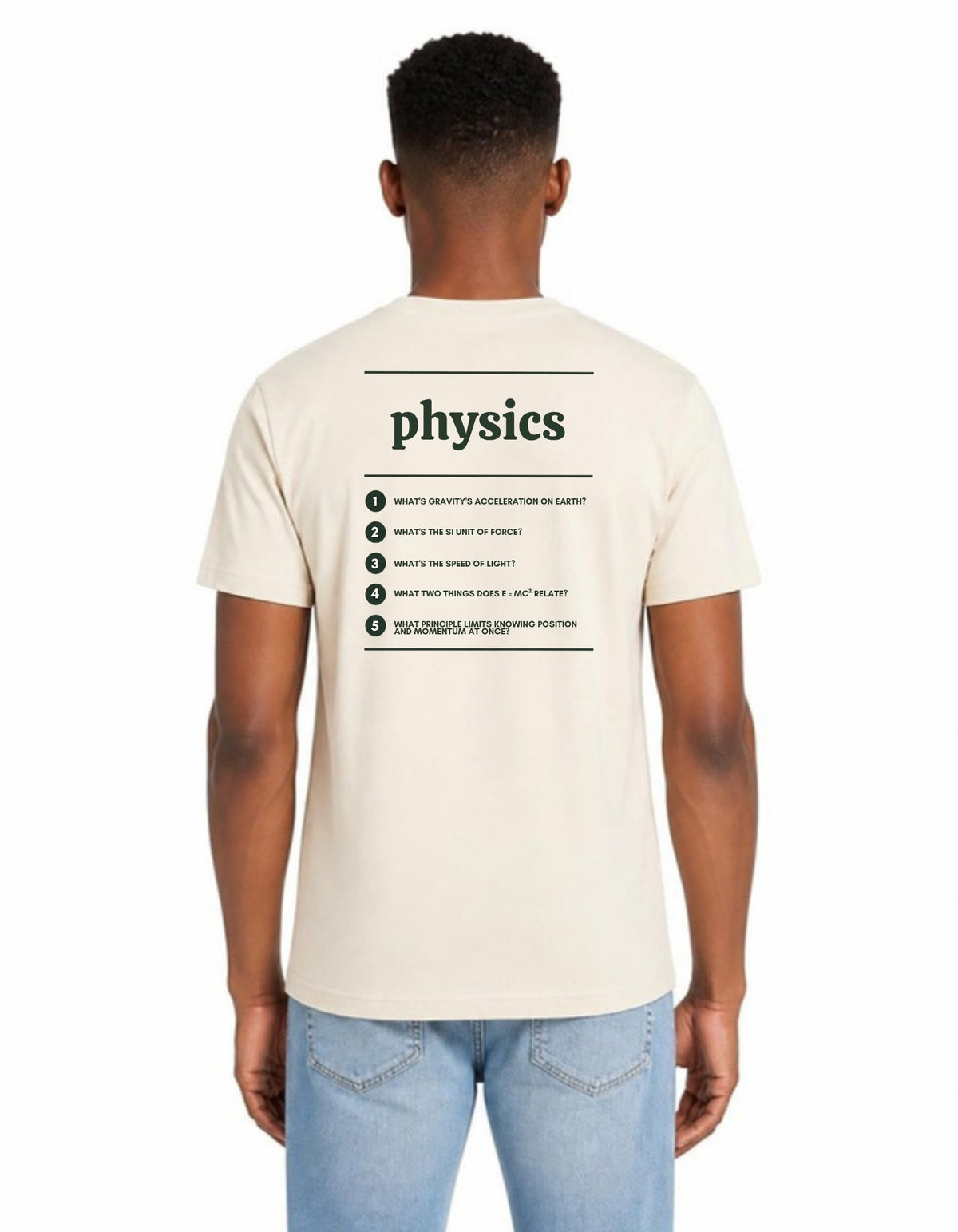 Model wearing the Voodies Physics major T-shirt in Natural, back view