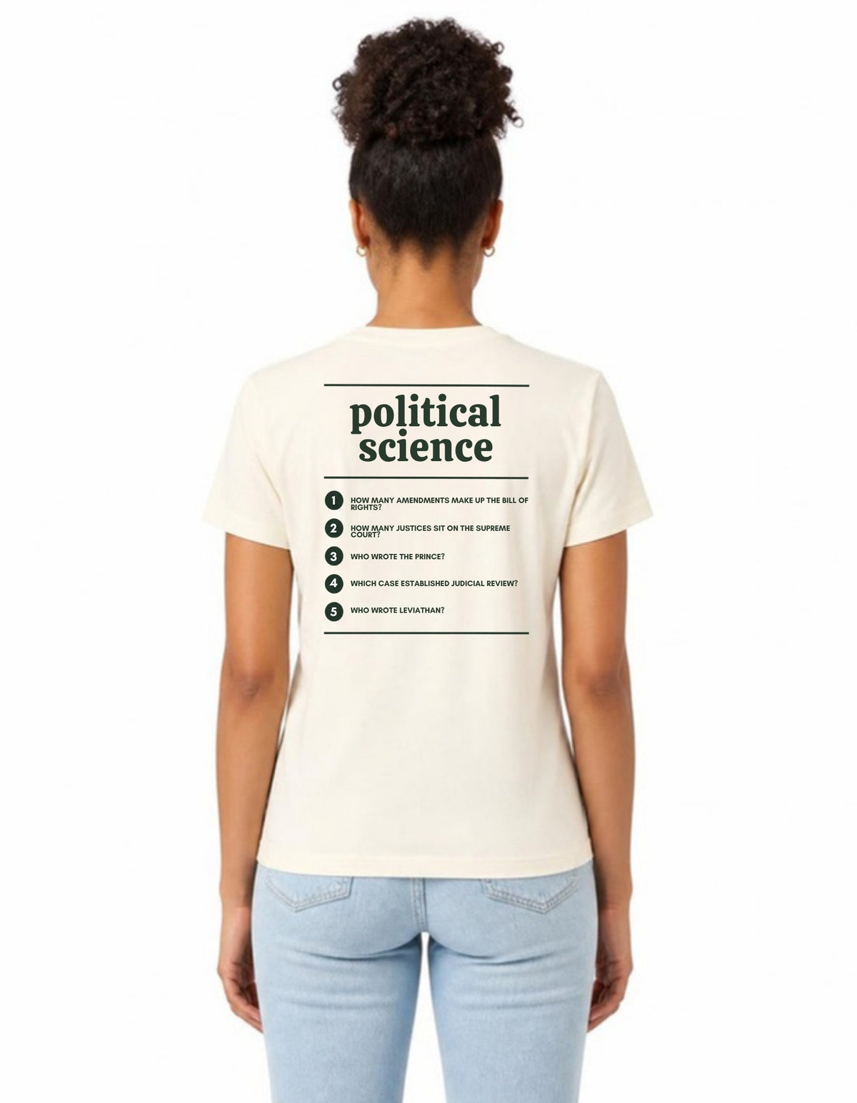 Model wearing the Voodies Political Science major T-shirt in Natural, back view