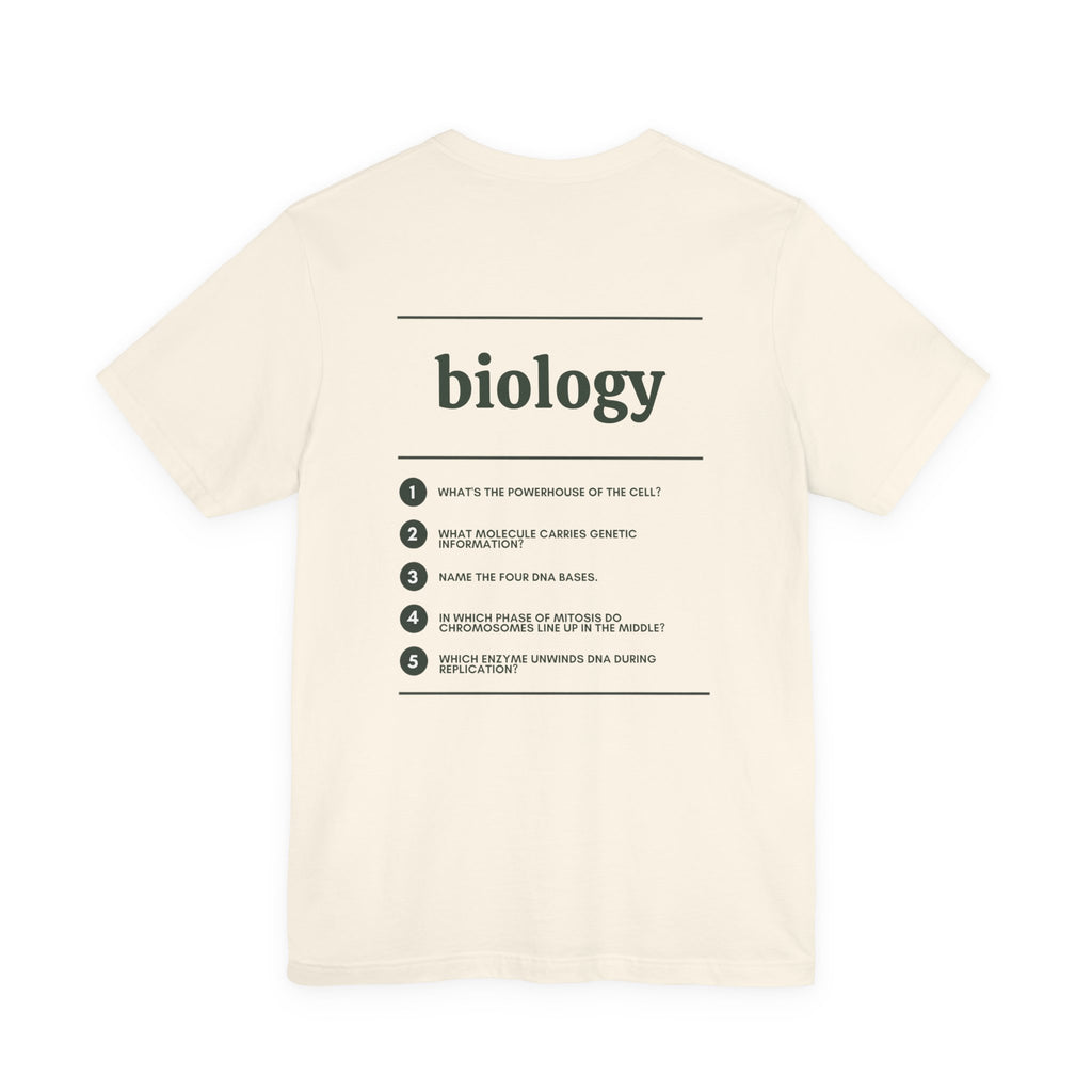 Back of the Voodies Biology major T-shirt in Natural, with five Biology questions printed in forest green