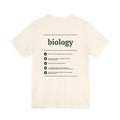 Back of the Voodies Biology major T-shirt in Natural, with five Biology questions printed in forest green