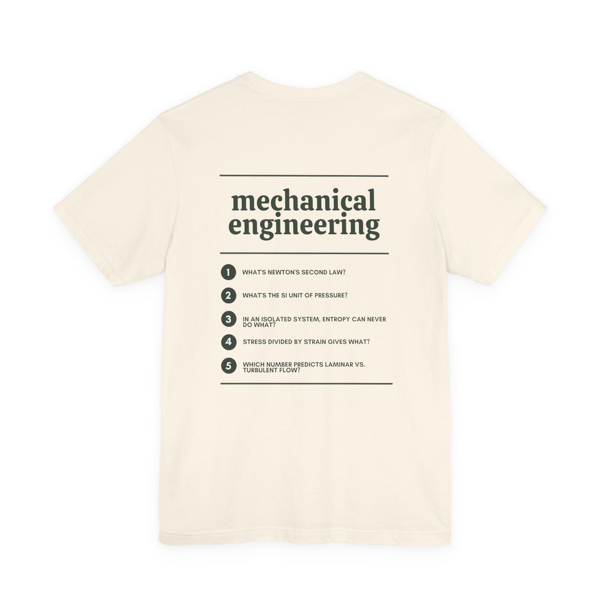 Back of the Voodies Mechanical Engineering major T-shirt in Natural, with five Mechanical Engineering questions printed in forest green