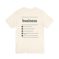 Back of the Voodies Business major T-shirt in Natural, with five Business questions printed in forest green