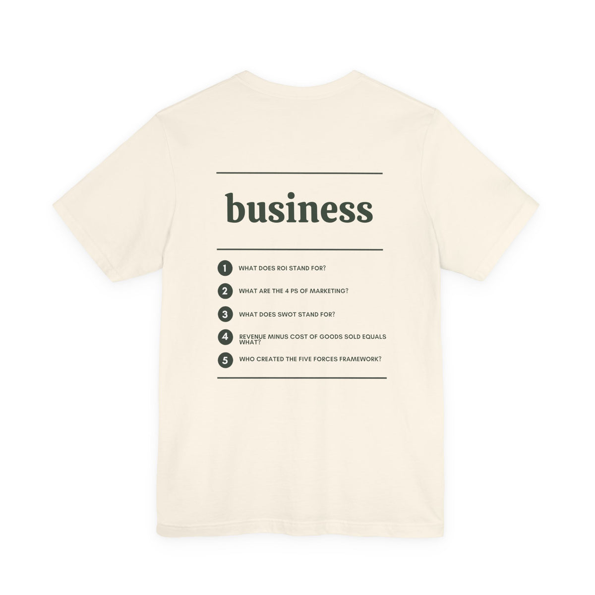 Back of the Voodies Business major T-shirt in Natural, with five Business questions printed in forest green