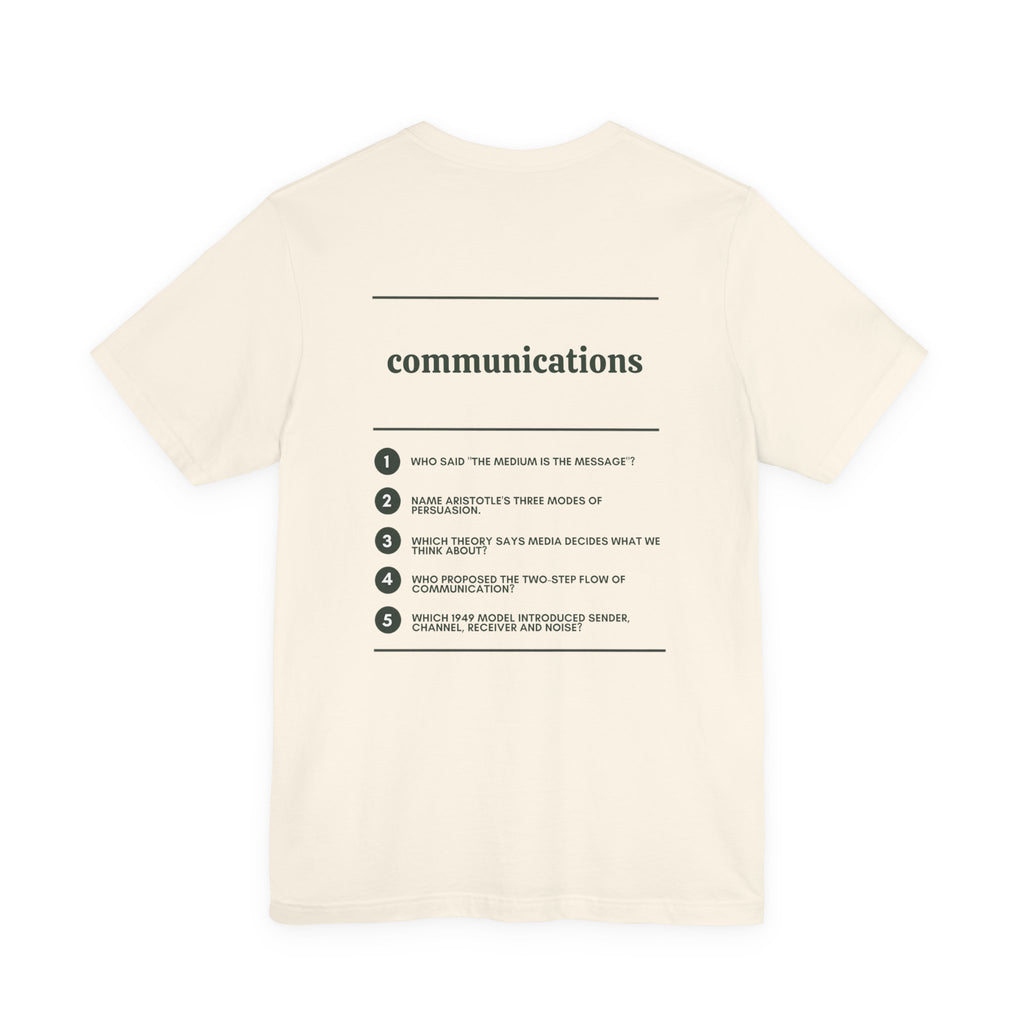 Back of the Voodies Communications major T-shirt in Natural, with five Communications questions printed in forest green