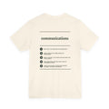 Back of the Voodies Communications major T-shirt in Natural, with five Communications questions printed in forest green