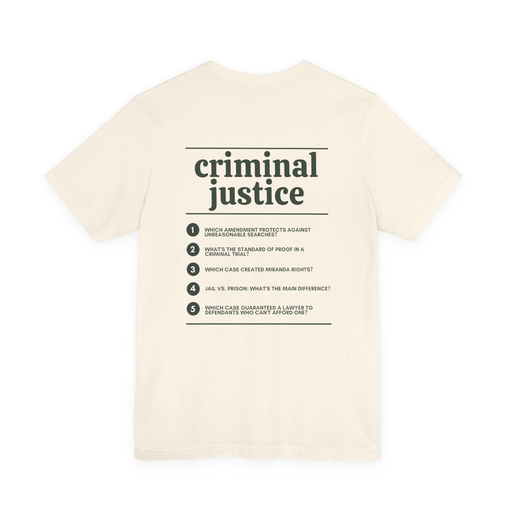 Back of the Voodies Criminal Justice major T-shirt in Natural, with five Criminal Justice questions printed in forest green