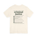 Back of the Voodies Criminal Justice major T-shirt in Natural, with five Criminal Justice questions printed in forest green