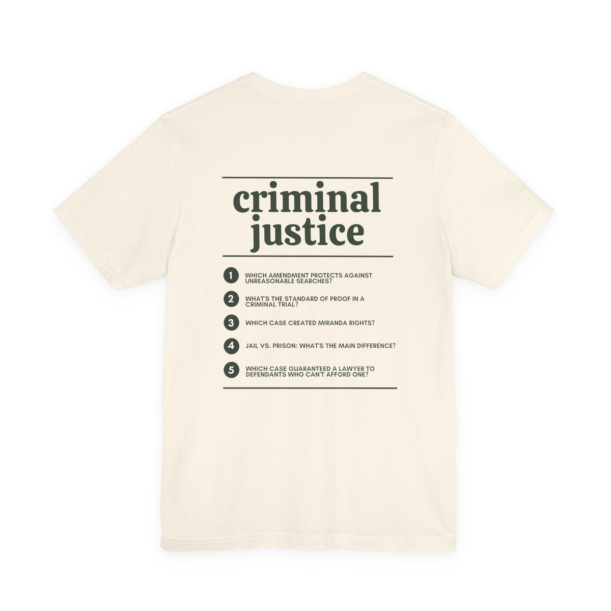Back of the Voodies Criminal Justice major T-shirt in Natural, with five Criminal Justice questions printed in forest green