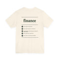 Back of the Voodies Finance major T-shirt in Natural, with five Finance questions printed in forest green