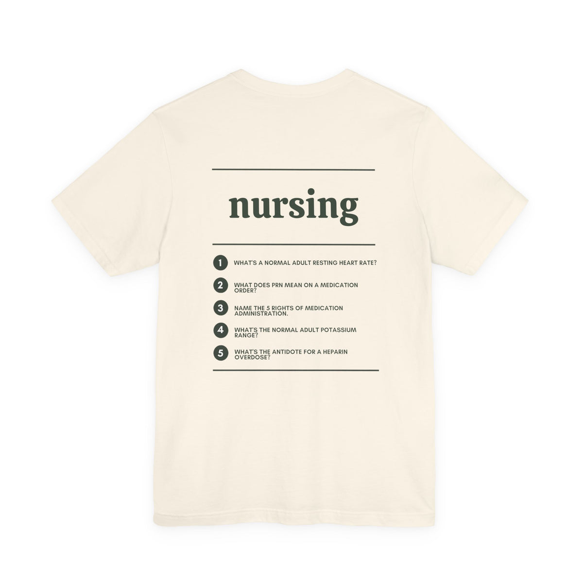 Back of the Voodies Nursing major T-shirt in Natural, with five Nursing questions printed in forest green