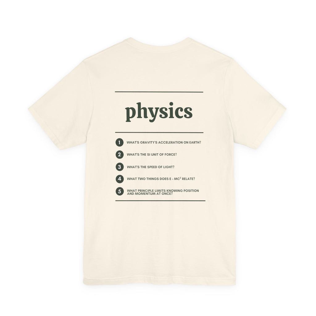 Back of the Voodies Physics major T-shirt in Natural, with five Physics questions printed in forest green