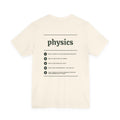 Back of the Voodies Physics major T-shirt in Natural, with five Physics questions printed in forest green