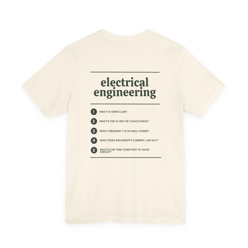 Back of the Voodies Electrical Engineering major T-shirt in Natural, with five Electrical Engineering questions printed in forest green