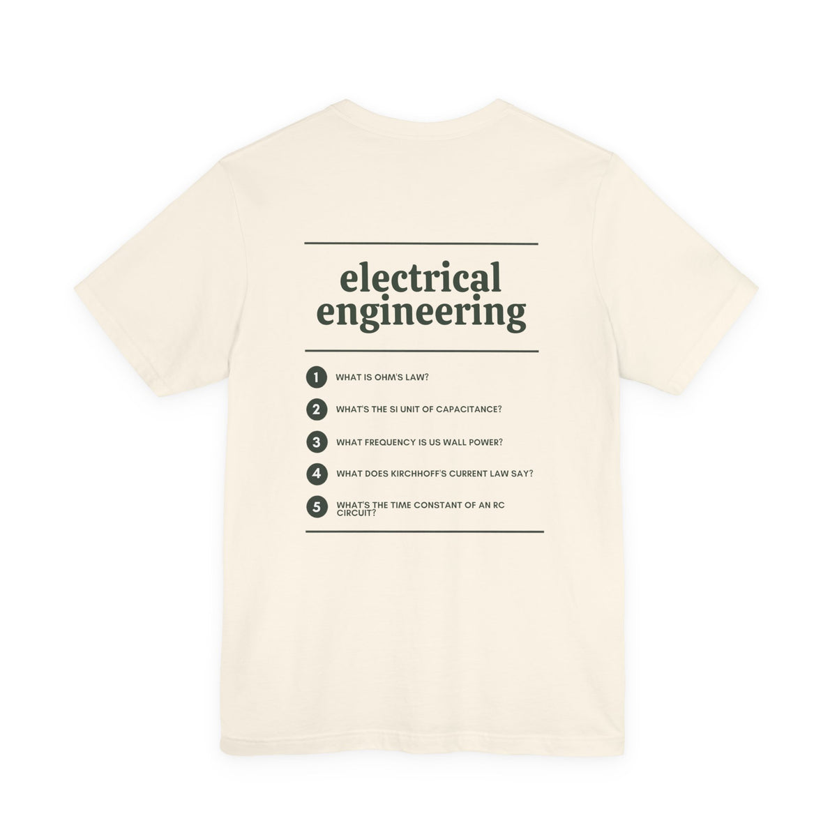 Back of the Voodies Electrical Engineering major T-shirt in Natural, with five Electrical Engineering questions printed in forest green