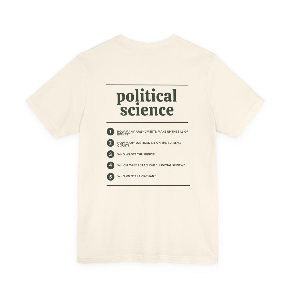 Back of the Voodies Political Science major T-shirt in Natural, with five Political Science questions printed in forest green