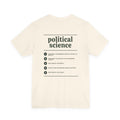 Back of the Voodies Political Science major T-shirt in Natural, with five Political Science questions printed in forest green