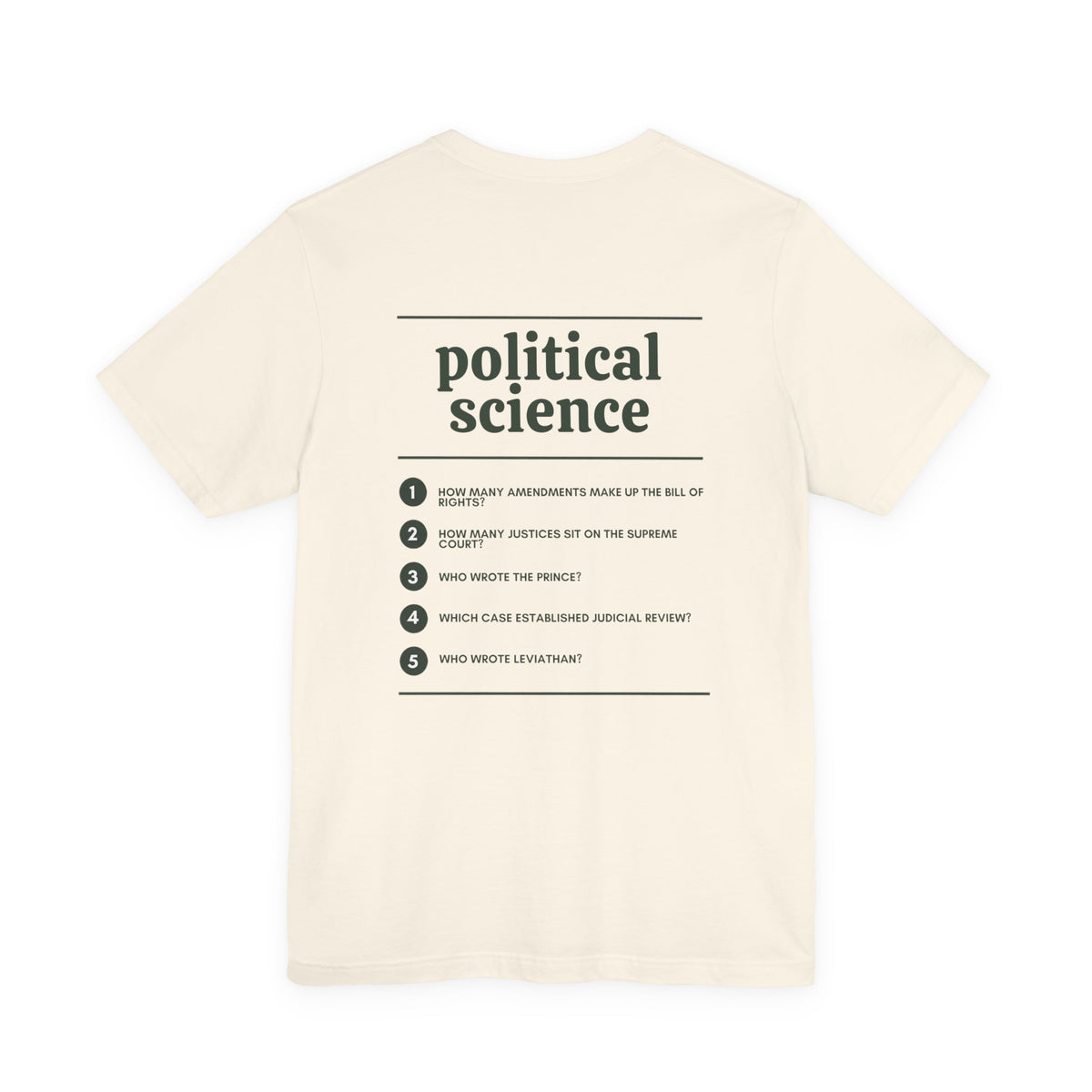 Back of the Voodies Political Science major T-shirt in Natural, with five Political Science questions printed in forest green